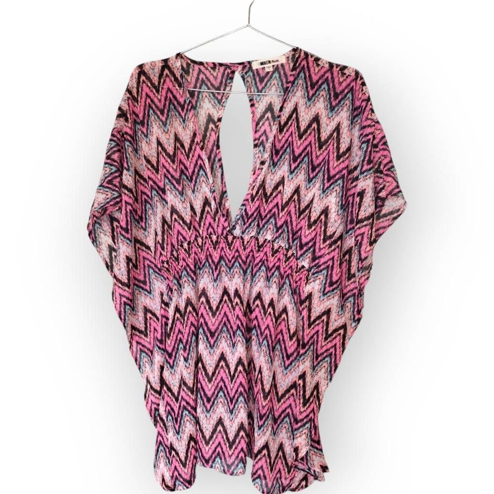 Miken Womens Swimsuit Cover Up Sz L Dress Tunic Pink Black Sheer‎ Beachy Coastal